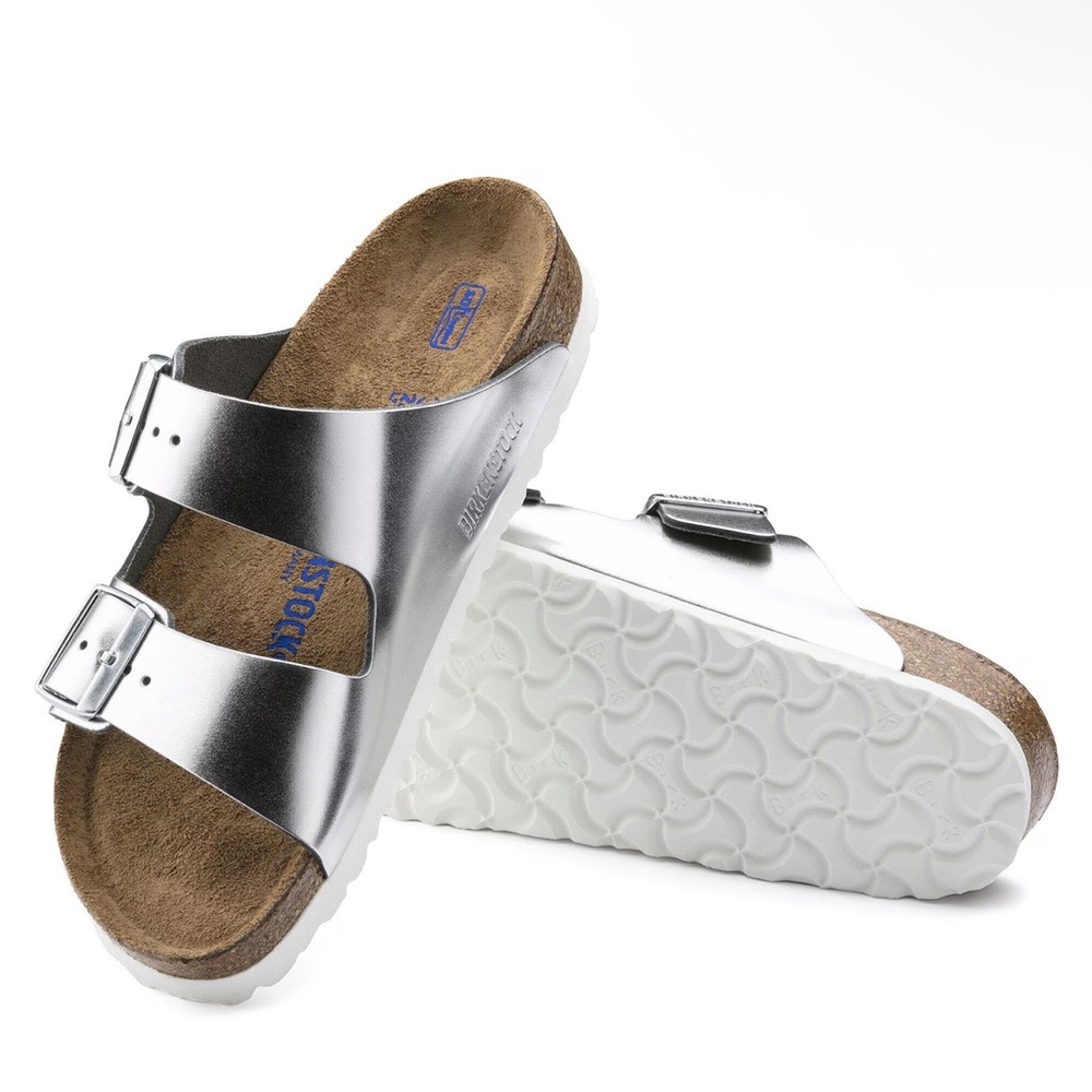 BIRKENSTOCK ARIZONA SOFT FOOTBED SANDALS IN METALLIC SILVER 37 6 - Picture 3 of 13